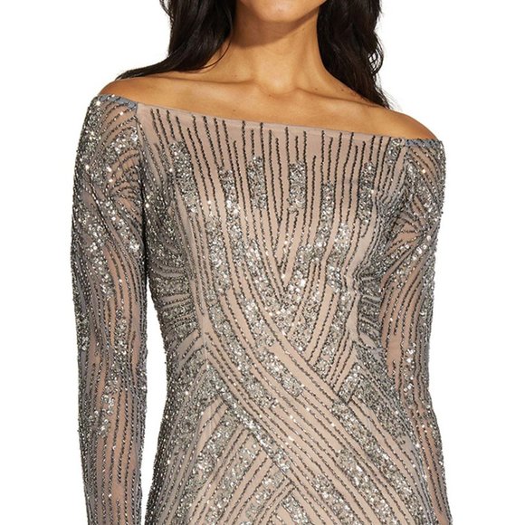 ADRIANNA PAPELL Sequin Off-The-Shoulder Gown Sterling Size 4 - Picture 3 of 5